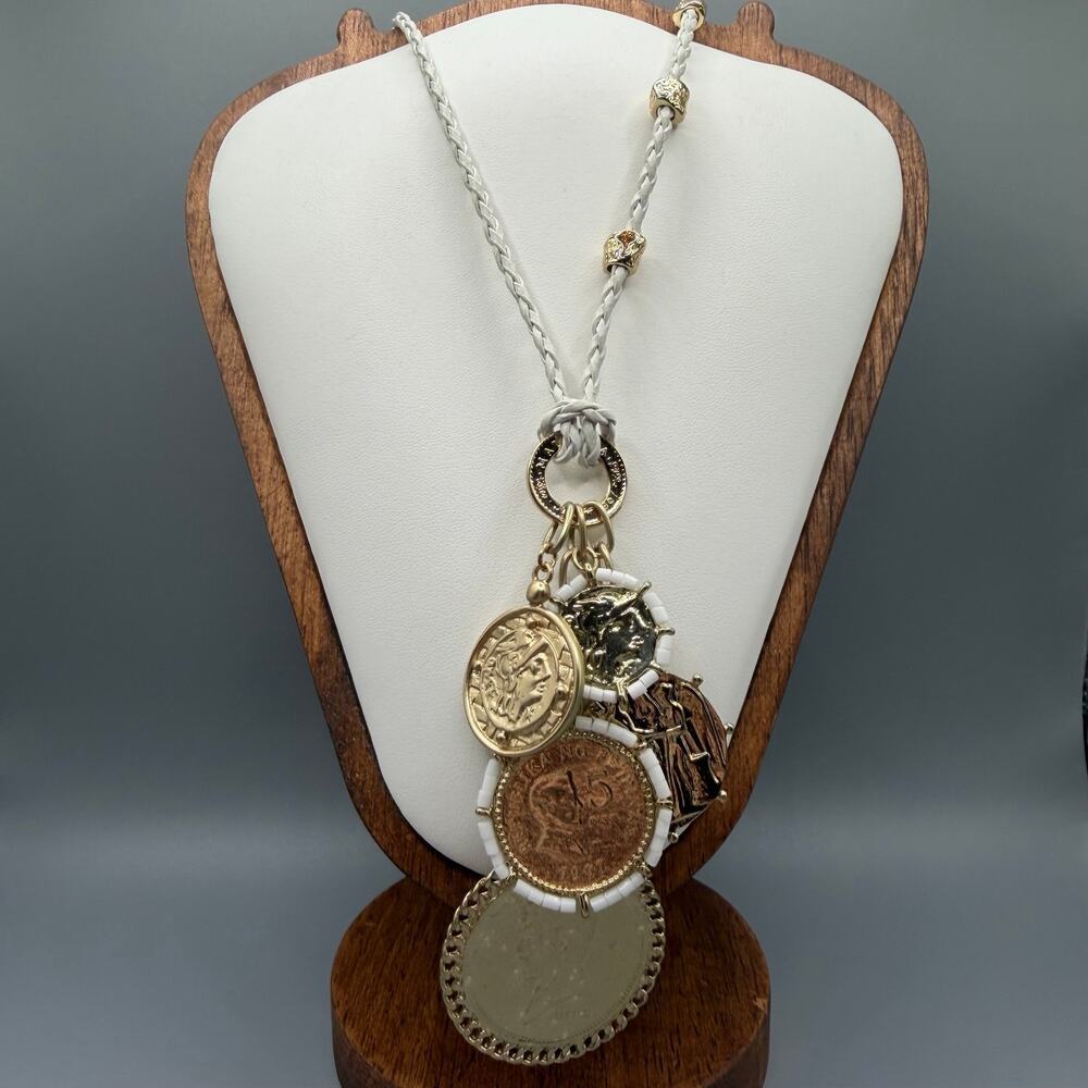 Chico’s Mixed‑Metal Coin Necklace – Braided Cord & Charm Cluster